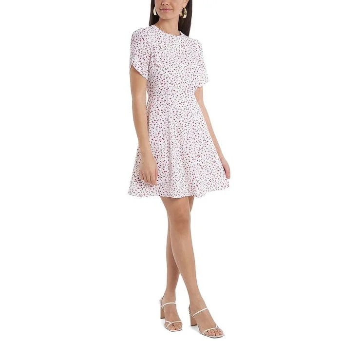 1.STATE Women's Floral Short Sleeve Fit & Flare Dress White Size X-Large