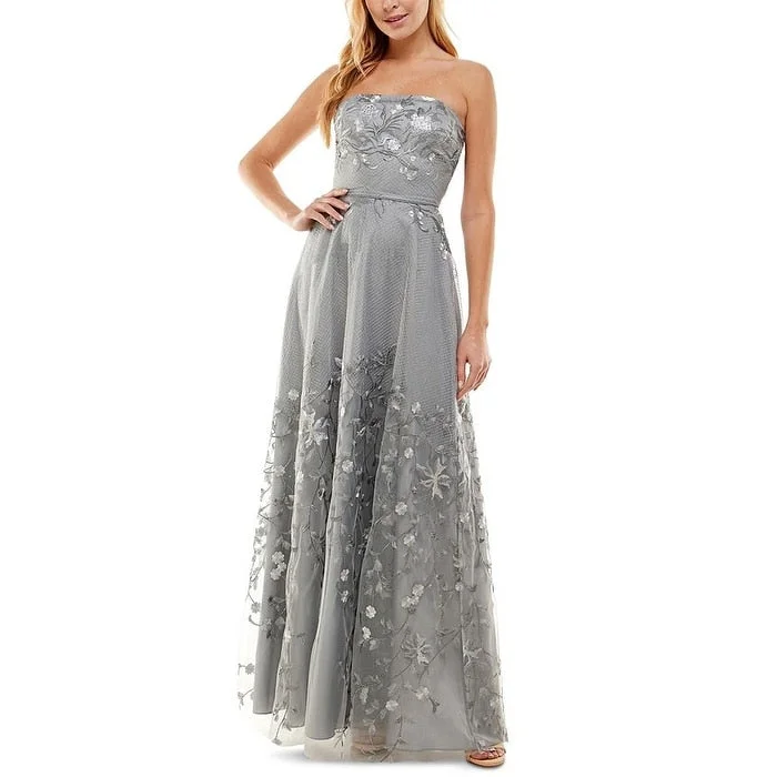 City Studios Women's Zippered Lined Floral Sleeveless Strapless Full Length Prom Gown Dress Gray Size 111