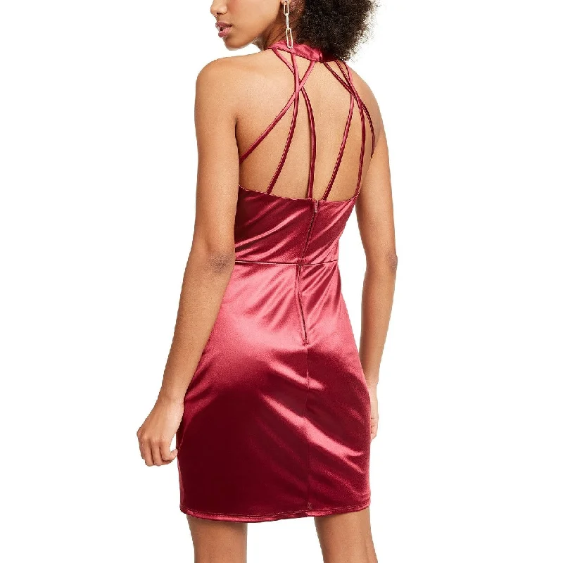 Crystal Doll Junior's Strappy Satin Halter Dress Wine Size 15