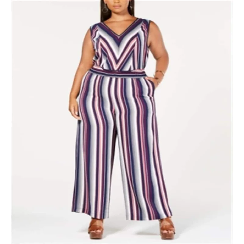 Monteau Women's Plus Striped Double V Jumpsuit Multicolor Size 2X