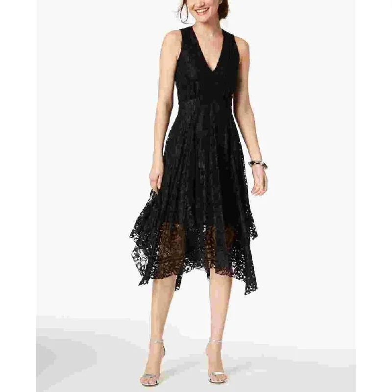 Taylor Women's Printed Lace Handkerchief-Hem Dress Black Size 6