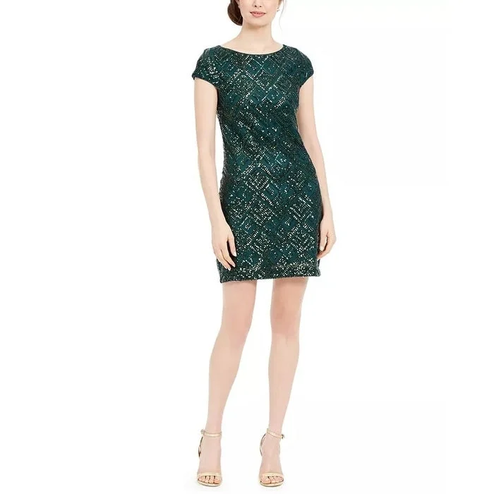 Vince Camuto Women's Geo-Sequinned Shift Dress Dark Green Size 16