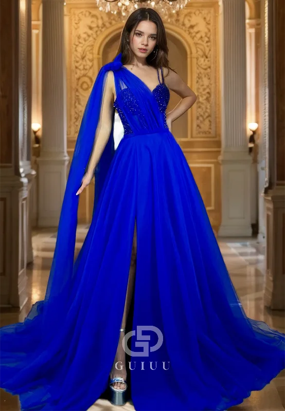 A Line One Shoulder Beads Long Prom Formal Dress with Slit