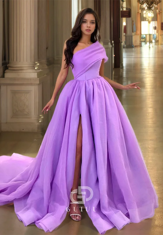 A Line One Shoulder Side Slit Long Prom Formal Dress