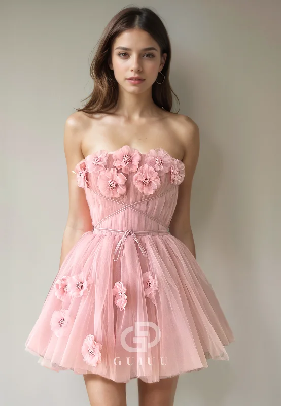 A-Line Strapless Sleeveless Pleated Back Zipper Homecoming Dress with Flowers