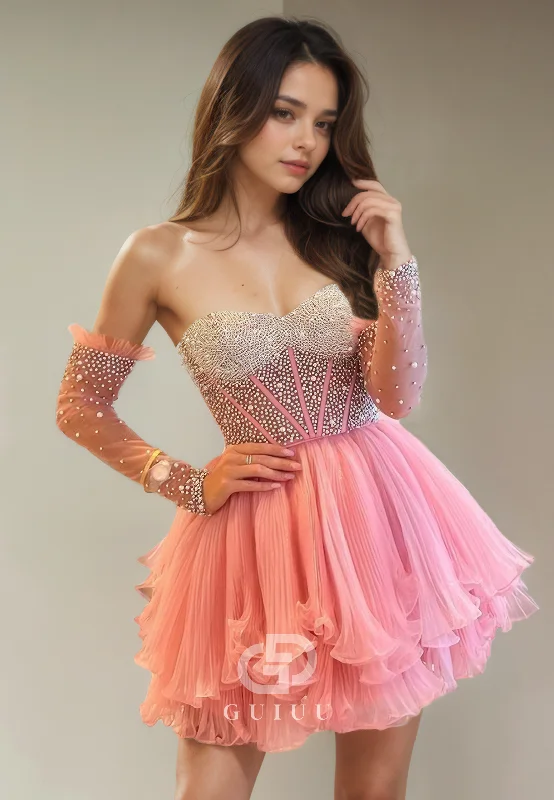 A-Line Strapless Sleeveless Beaded Sequins Tulle Tiered Homecoming Dress with Long Detachable Sleeves