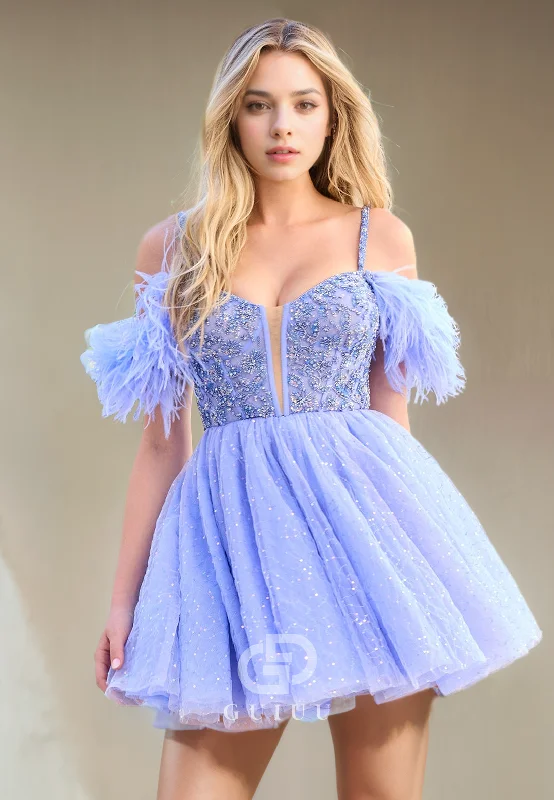 A-Line Off Shoulder Straps Sleeveless Beaded Criss Cross Straps Homecoming Dress