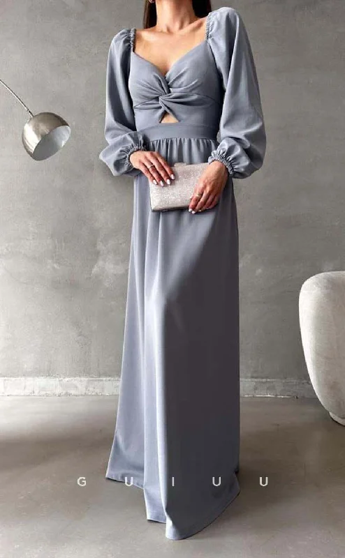 G3551 - Simple & Casual A-Line Sweetheart Long Bishop Sleeves Cut Outs Floor-Length Formal Dress