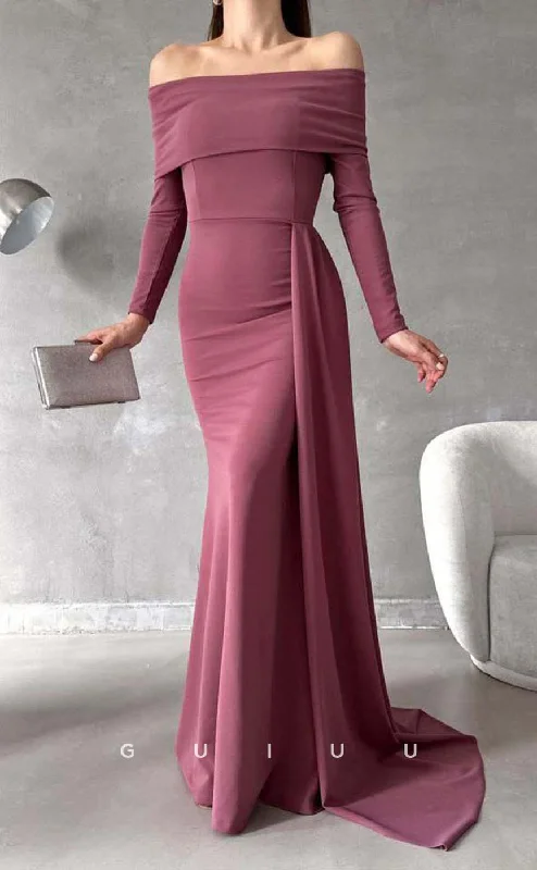 G3552 - Sexy & Hot Sheath Off Shoulder Long Sleeves Floor-Length Formal Dress With Overlay