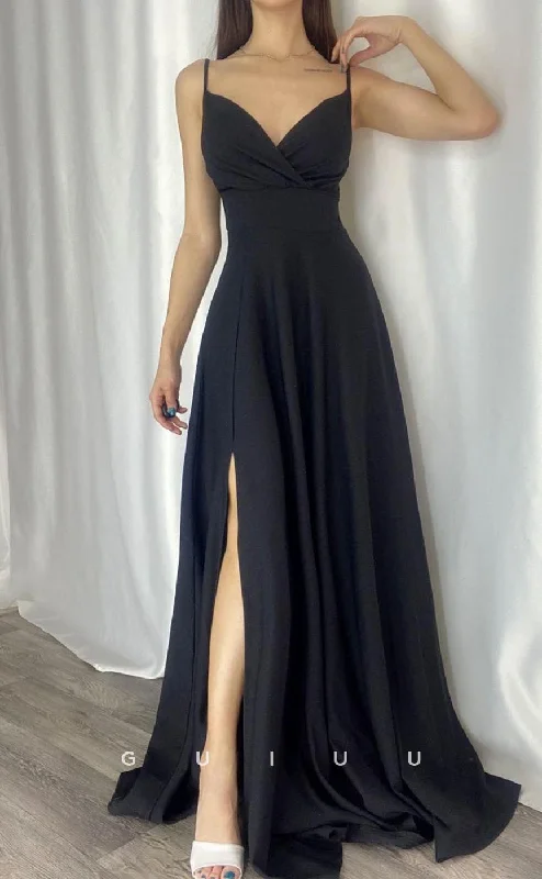 G3555 - Simple & Casual A-Line Straps V-Neck Side Slit Draped Floor-Length Party Dress