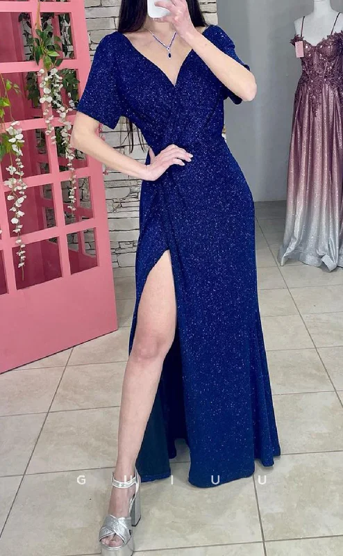 G3887 - Sheath V Neck Half Sleeves Fully Beaded Long Prom Gown with High Side Slit