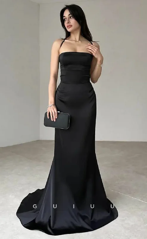 G4045 - Mermaid Halter Sleeveless Black Stain Pleats Open Back Prom Party Dress with Train