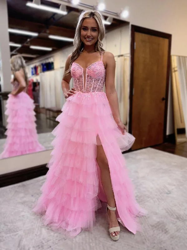 G4382 - A Line Illusion V Neck Appliques Tulle Tiered Pink Long Prom Party Dress with Slit