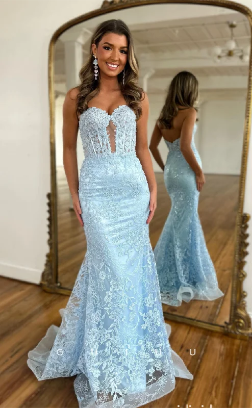 G4400 -Modern & Stylish Mermaid Sleeveless Allover Appliques Sweep Illusion Open Back Prom Party Dress