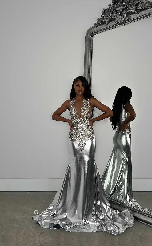 G4421 - Unique Mermaid V Neck Straps Crystal Sleeveless Prom Party Dress for Black Girl Slay