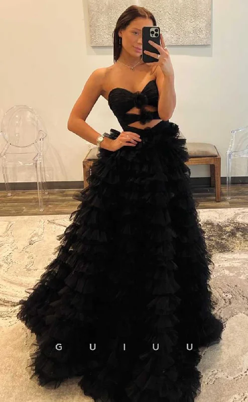 G4430 - Chic & Modern Black A-Line Strapless  Sleeveless Tulle Tiered Illusion Open Back Long Sweep Prom Party Dress With Slit