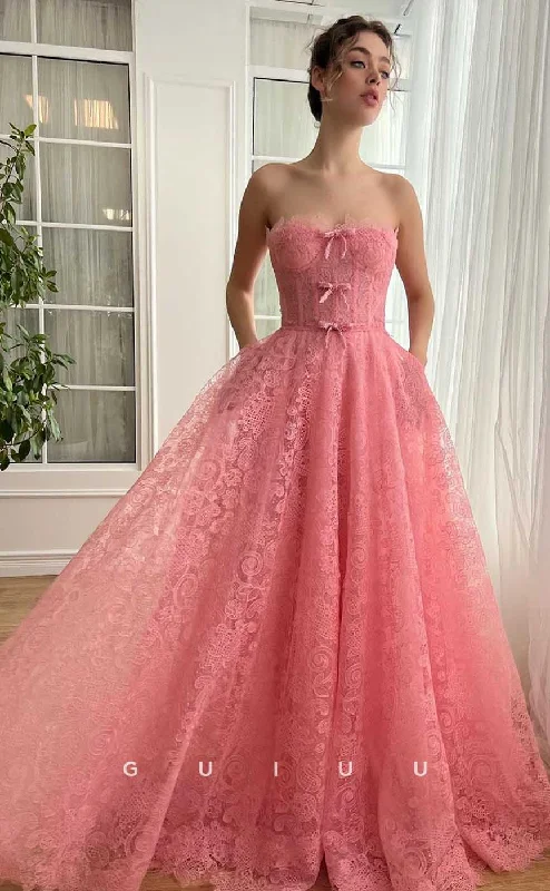 G4437 - Cute Pink A-Line Strapless Pleats Lace Long Prom Party Dress with Bowknot