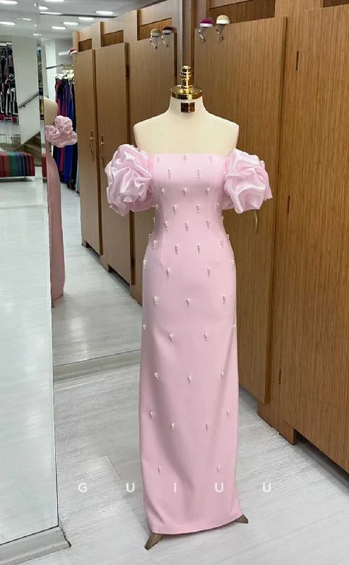 G4498 - Unique & Chic Mermaid Fitted Baby Pink Off-Shoulder Floor-Length Prom Gown with Pearls