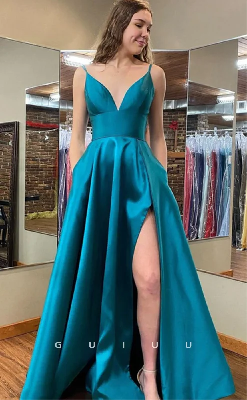 G4636 - A-Line V Neck Straps Sleeveless Stain High Side Slit Criss-Cross Straps Prom Party Dress