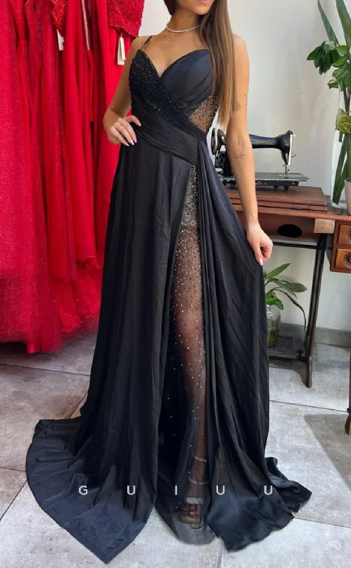 G2930 - Chic & Modern V-Neck Sheer Sequins Beaded Pleats Prom Formal Dress