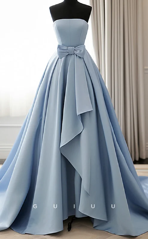 G3094 - A-Line Strapless Sleeveless Ruffles Sky Blur Stain Long Prom Party Gown with Train