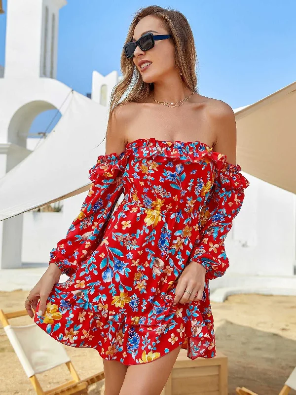 KittenAlarm - Women's Spring And Summer Shoulder Off Red Floral Print Ruffle Hem Elastic Waist Dress