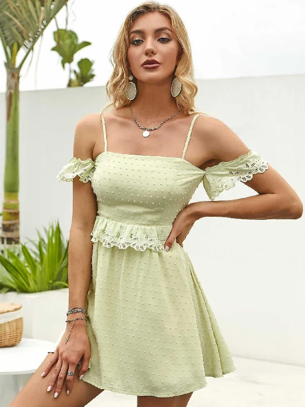 KittenAlarm - Off Shoulder Ruffle Detail Lace Trim Cami Dress