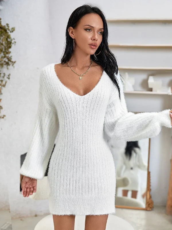 KittenAlarm - Fuzzy Knit V Neck Lantern Sleeve Sweater Dress