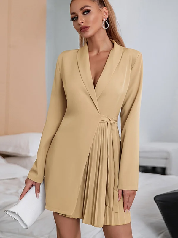 KittenAlarm - Shawl Collar Pleated Panel Knot Side Blazer Dress