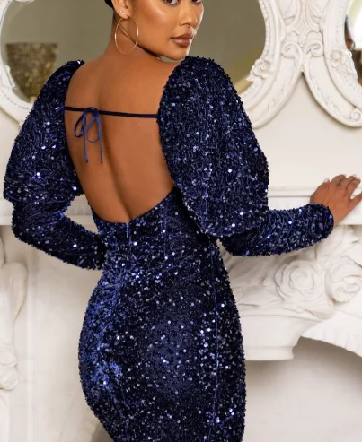 Club L London Navy Sequin Mini Dress With Puff Sleeves