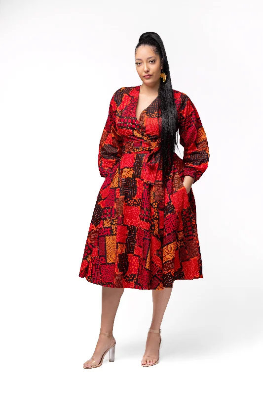 Demi Ankara Midi Dress | Red and Orange African Print