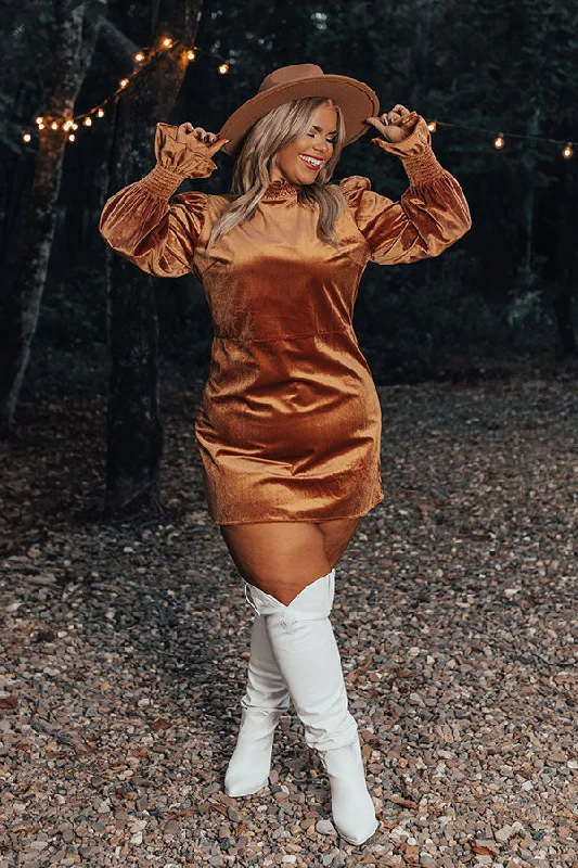 Fashionably Late Velvet Mini Dress In Camel Curves