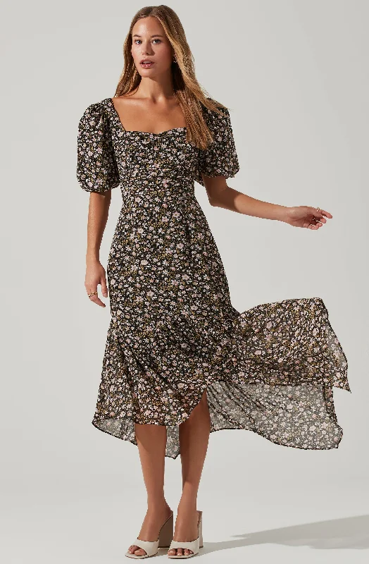 Floral Short Sleeve Asymmetrical Hem Midi Dress