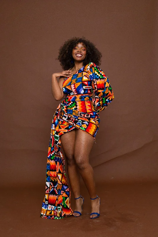 Frances Short Mini Dress | Blue and Yellow Multicolored African Kente Tribal Print