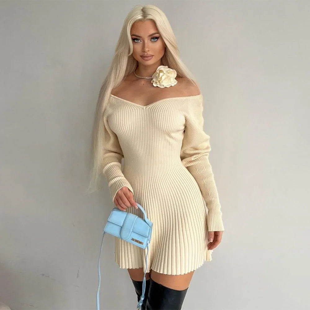 Knitted Rib Bodycon Deep V Neck Sexy Elegant Party Mini Dress