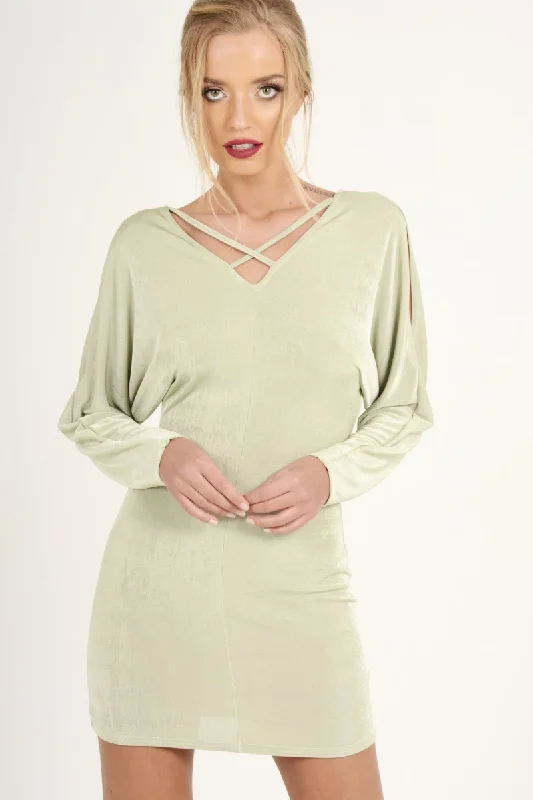 Mint Green Batwing Cold Shoulder Mini Dress - Sonia