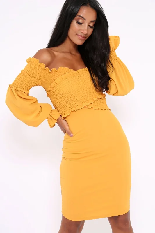 Mustard Shirred Wrap Over Bardot Mini Dress - Natasha