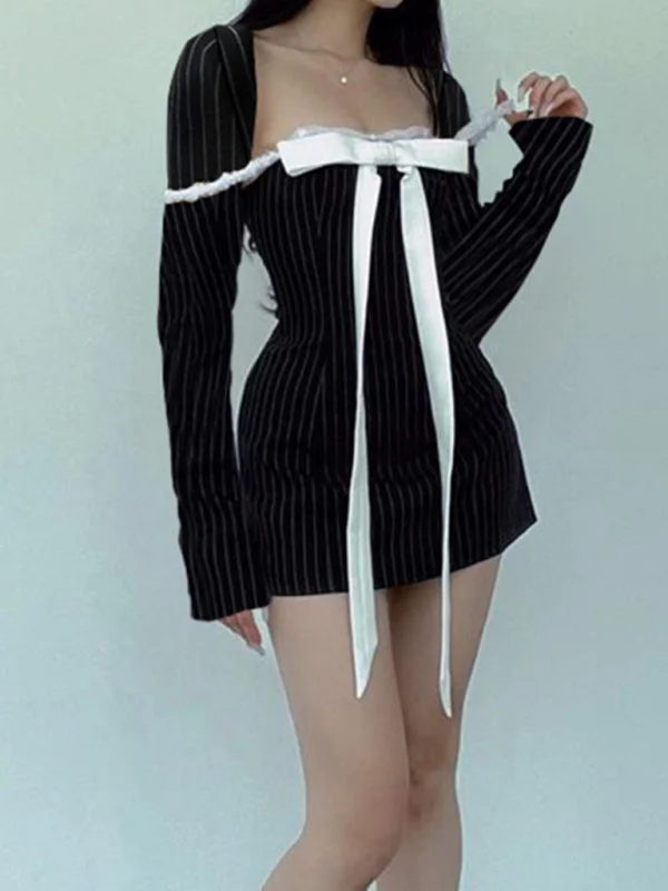 New style French square neck bow tie temperament striped long-sleeved Sexy Mini dress