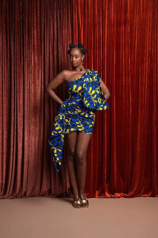 OPE African Print One Sleeve Drape Mini Dress