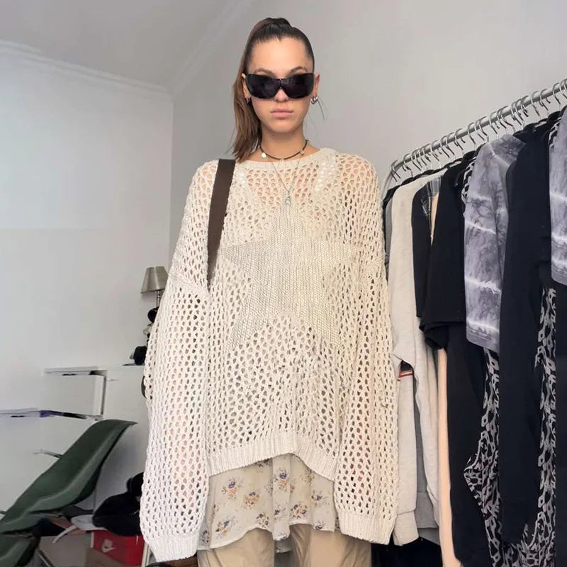 Oversized Solid Star See Through Knitted Pullover Cover-up Ladies Hollow Out Sweater Mini Dress