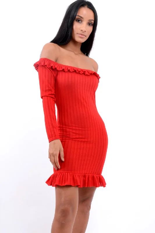 Red Ruffle Hem Ribbed Bardot Mini Dress - Destiny