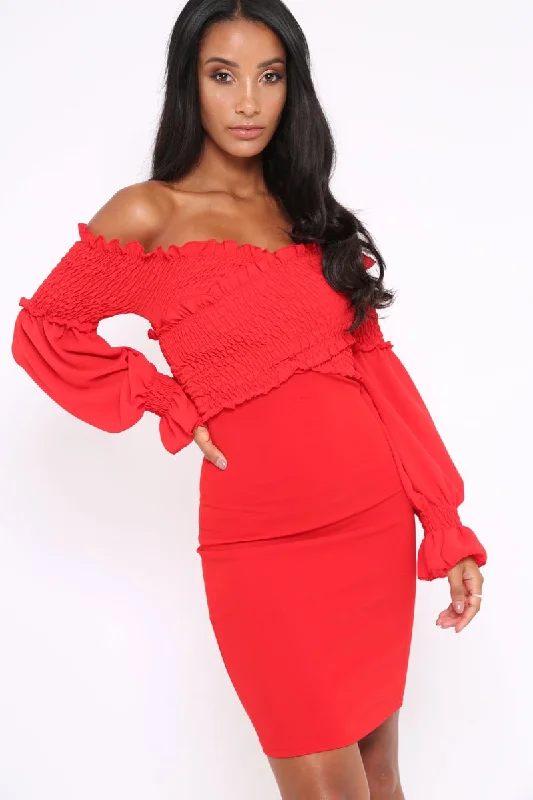 Red Shirred Wrap Over Bardot Mini Dress - Natasha