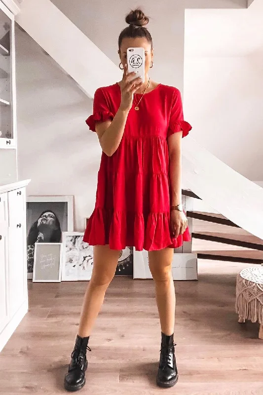 Red Smock Tiered Frill Sleeve Mini Dress - Olah