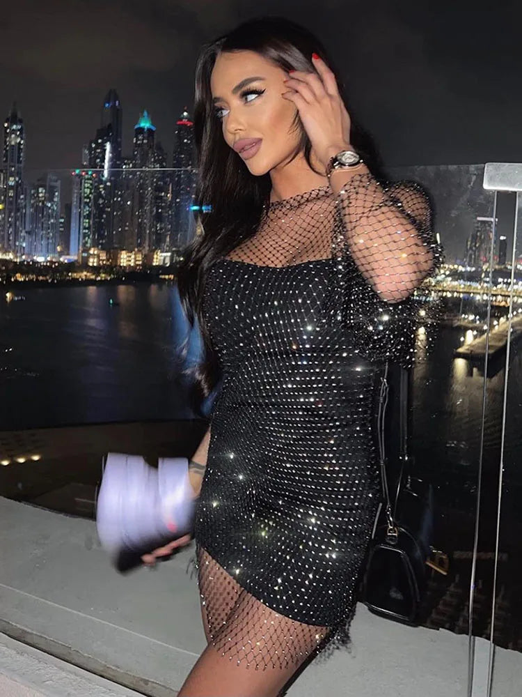 Rhinestone Mesh Open Back Slit Sexy Fishnet Skirt Mini Dress