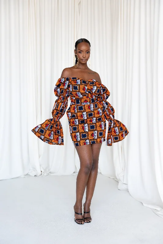 RIRE African Print Off-shoulder Puffy Sleeve Mini Dress