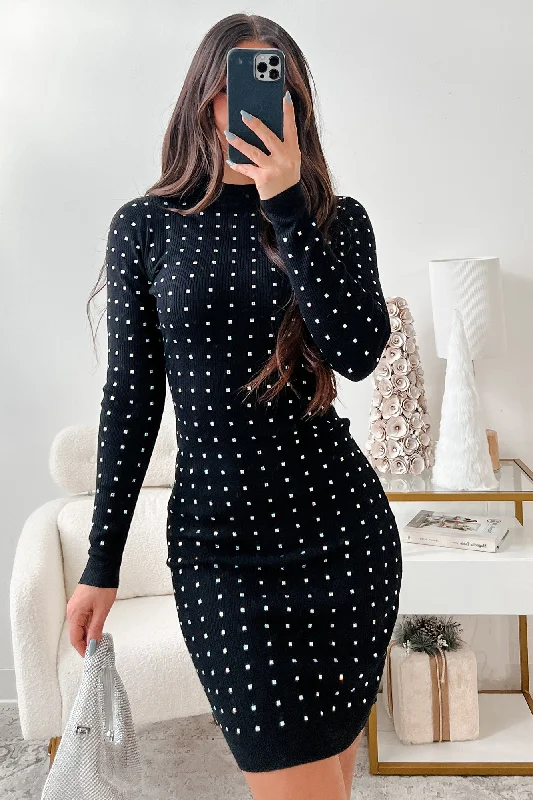 Sparkle Fiercely Rhinestone Sweater Dress (Black)