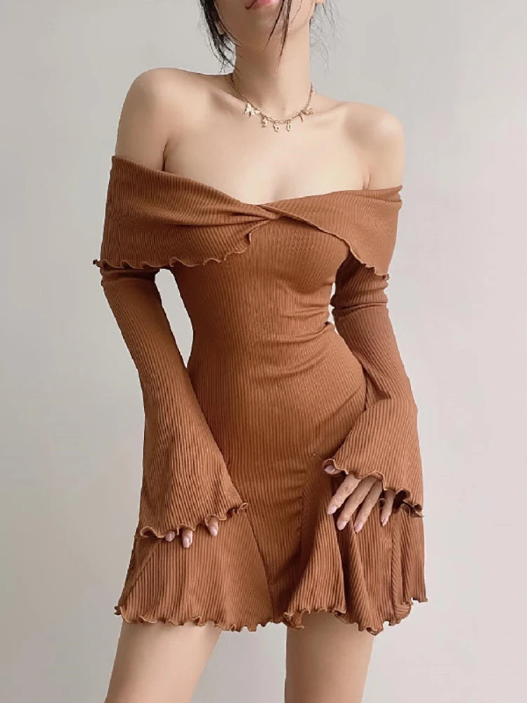 Spring Screw Thread Off Shoulder Sexy Mini Sweet Girl Y2K Mini Dress