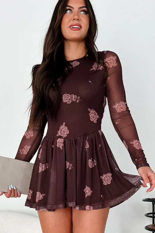 Stylish Intentions Floral Mesh Mini Dress (Brown)