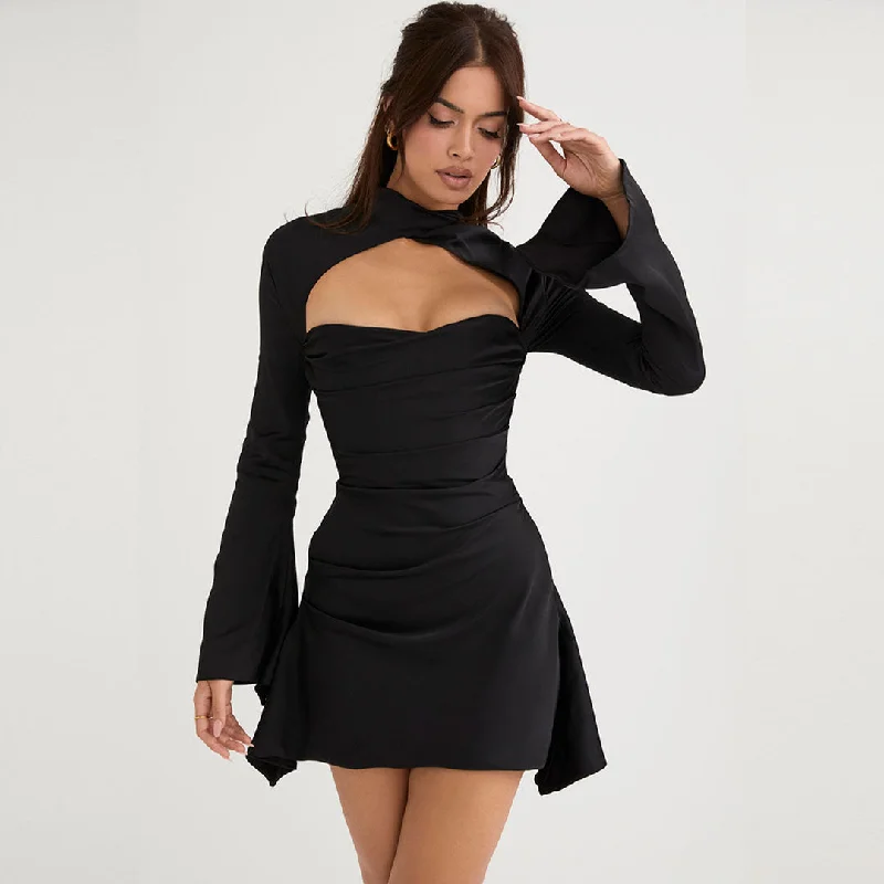 Long Sleeve Double V Modern Neck Contrast Mesh Midi Dress