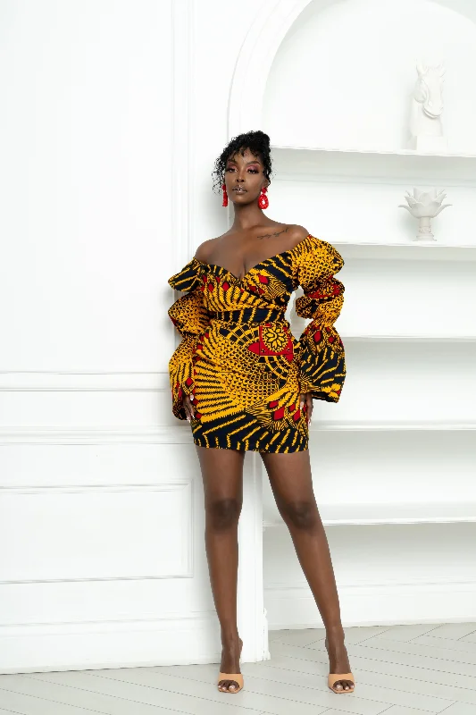 TAYO African Print Off-shoulder Puffy Sleeve Mini Dress